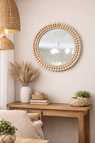 Boncukafası Tasarım Ahşap Boncuk Ayna 30 Cm Duvar Aynası Konsol Aynası Dekora...