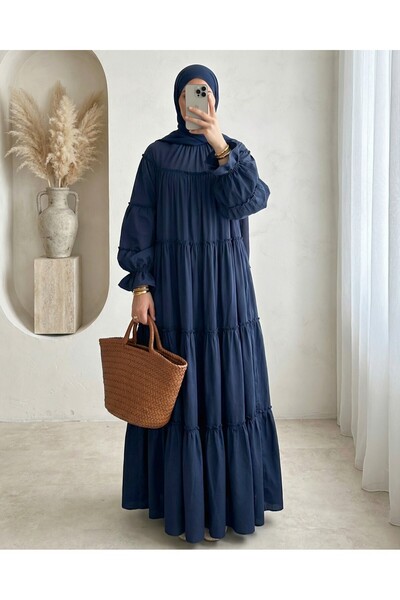 Modamorfo Elastic Sleeves, Tieable Waist, Layered Ruffle Detailed Dress - Navy