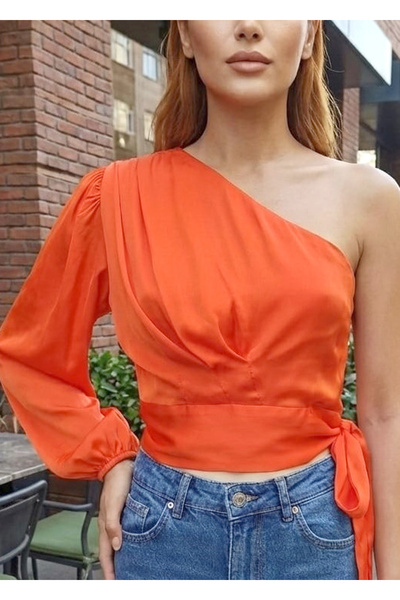 MODAMETRE Women's One-Shoulder, Belted, Side Zipper Closure, Lined Satin Blouse