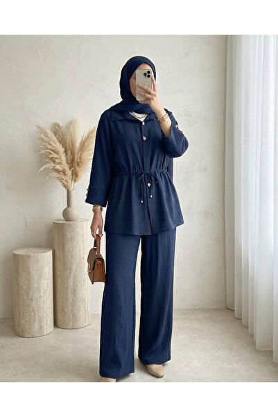 Modamorfo Cotton Crinkle Suit with Tunnel Lacing and Elastic Waistband Trouse...