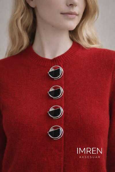 İMREN AKSESUAR Siyah Mineli Gümüş Kaplamalı Metal Düğme 3,5 Cm 1 Paket 4 Adet