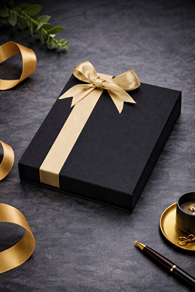 MAY BOX Premium Katlanabilir Mıknatıslı Mukavva altın yaldız kurdele Siyah Ku...