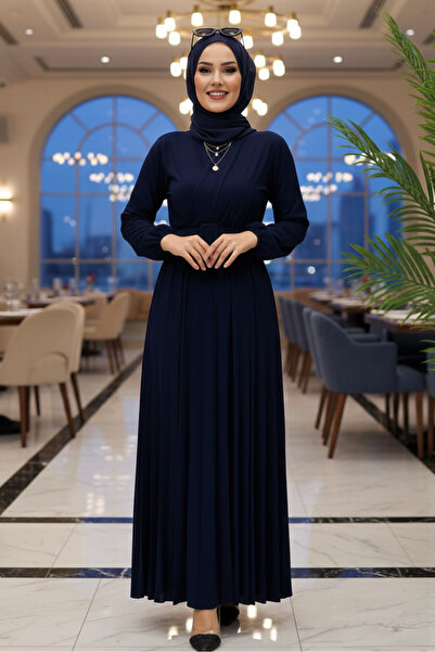 modamira Kadın Lacivert Sandy Önü Kruvaze Detaylı Eteği Piliseli Kemerli Boyd...