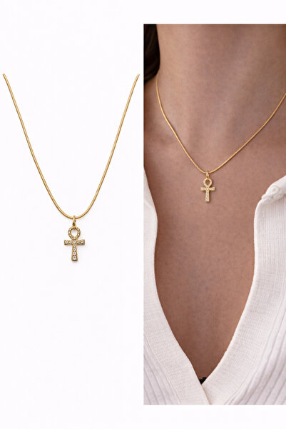 Arsaley Collection Taşlı Ank Charm Yılan Zincir 45 Cm Altın Kaplama Gold Kadı...
