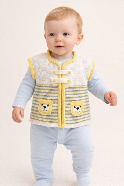 Aykır ı Bebe El Örgüsü Ayıcık Desenli Kız Bebek ve Erkek Bebek Yeleği – 0-1 Y...