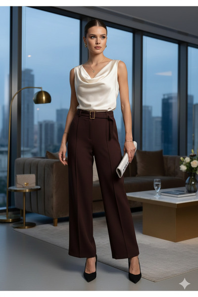 BUSEM Women's Belted Lycra Burgundy Trousers