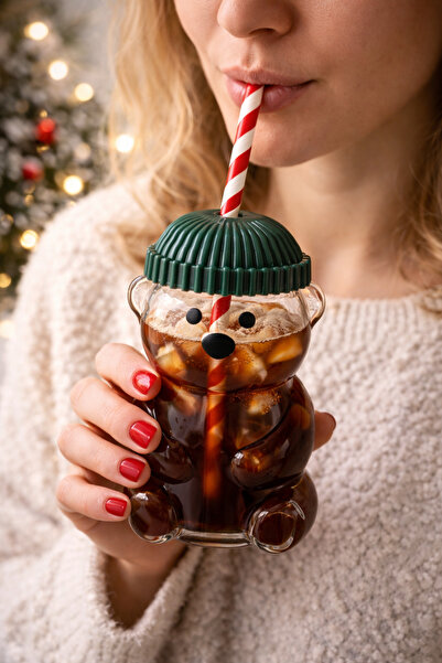 ARVALE Ayı Formlu Cam Matara - Yeşil Bereli Barista Bardak İçecek Bardağı 500 ml