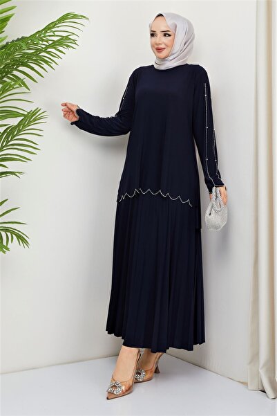 modamira Kadın Lacivert Sandy Büyük Beden Taş İşlemeli Piliseli Davet Özel Ta...