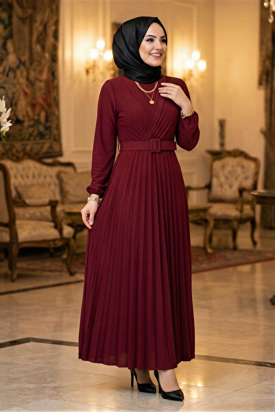 modamira Kadın Sandy Bordo Önü Kruvaze Detaylı Piliseli Kemerli Boydan Davet ...