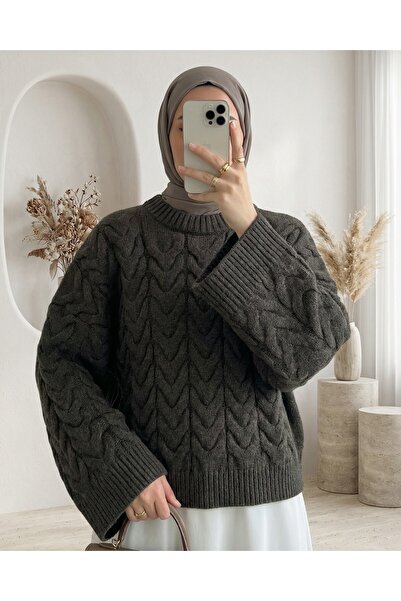 Modamorfo Knitted Patterned Casual Crop Knitwear Sweater -K. Brown