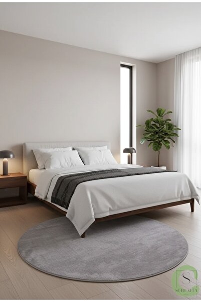 SerenitaHome Post/Peluş Gri Yuvarlak Saçaksız Halı Yıkanabilir Kaymaz Taban S...