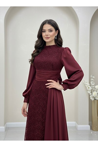 Sera&Parsa Fransız Güpürlü Bordo Saten Abiye