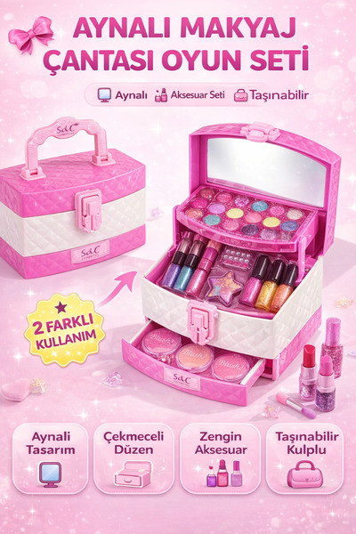 YILDIRIM OYUNCAK Aynalı Çocuk Makyaj Çantası Oyuncak Seti | Gerçek Sürülebili...