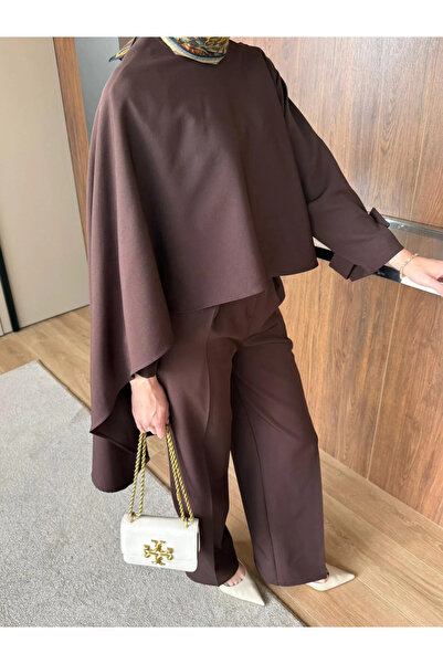 merve ada design Pelerinli Pantolon Takım-Premium Kalite-Kahve TESETTÜR GİYİME UYGUNDUR.