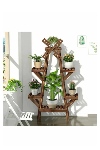 ALANDEKOR Cevİz Rengi Ahşap 6 Raflı Çiçeklik, Saksılık, Çiçek Standı, Dekorat...