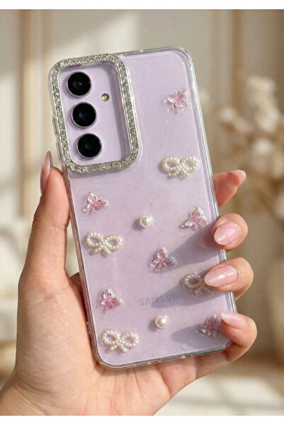 Rivor Galaxy A34 Uyumlu Kılıf İncili Fiyonk ve Kelebek Figürlü Taşlı Kamera L...
