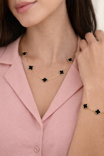 MİLUNXTE Çelik Siyah Renk Yonca Kolye Ve Bileklik Seti Kararmaz Solmaz Takı