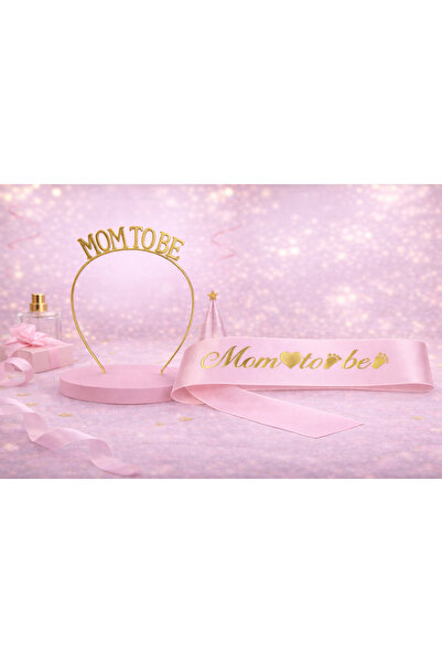 Larenya Mom To Be Metal Taç Ve Kuşak & Baby Shower Set & Pembe Altın Kuşak Altın Taç