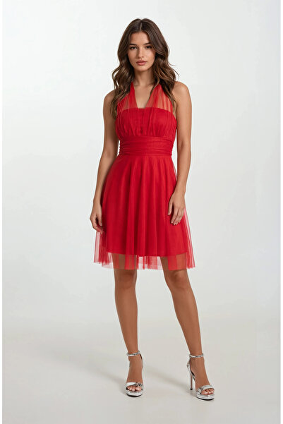 Spazio Dionisi Straplez Boyundan Bağlamalı Kısa Abiye Elbise KIRMIZI