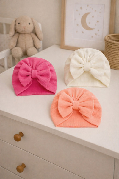 Pico Baby طقم قبعة أطفال مزدوجة الطبقات مع فيونكة - 3 قطع - وردي/أبيض/بودرة