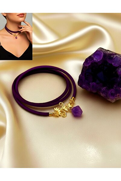 LADYMİRAGE قلادة جلدية بنفسجية مرصعة بحجر الأميثيست