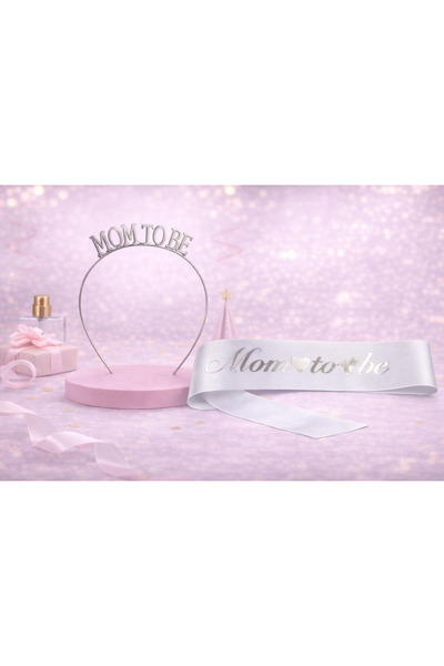 Larenya Mom To Be Metal Taç Ve Kuşak & Baby Shower Set & Beyaz Gümüş Kuşak Gümüş Taç