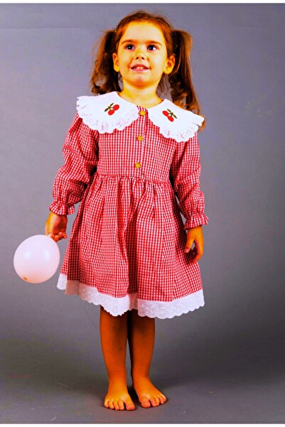 minikiti فستان بناتي من القماش القطني باللونين الأحمر والأبيض مع تطريز الكرز ...