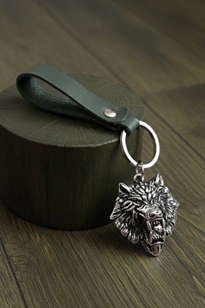 AB Takı HAKİ YEŞİLİ GERÇEK DERİ ANAHTARLIK İSKANDİNAV KURT WOLF FİGÜRLÜ