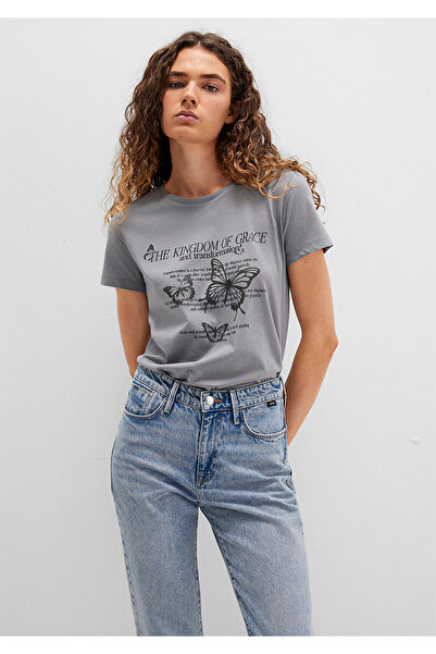 Mavi Graues T-Shirt mit Schmetterlingsdruck, halb schmale Passform / halb sch...