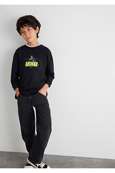 Mavi Batman Baskılı Siyah Tişört Loose Fit / Bol Rahat Kesim 6610294-900