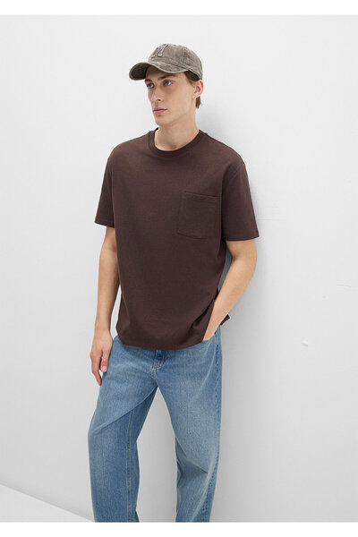 Mavi Cep Detaylı Kahverengi Basic Tişört Loose Fit / Bol Rahat Kesim 066248-7...