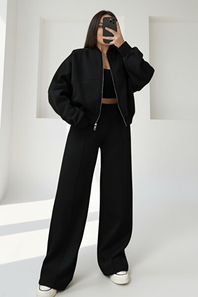 Runades Women's 3 Thread Fleece Lined Palazzo Bomber Tracksuit Set