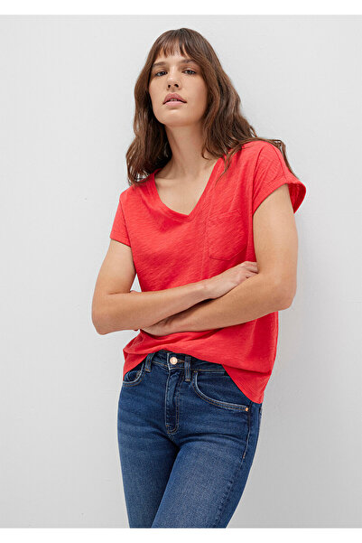 Mavi V Yaka Kırmızı Basic Tişört Loose Fit / Bol Rahat Kesim 1600961-71083