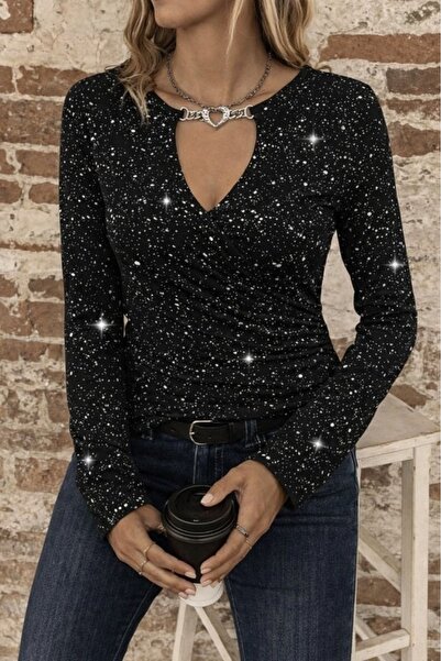 calperia Kadın Uzun Kollu Kruvaze Yakalı Aksesuarlı Dalgıç Bluz