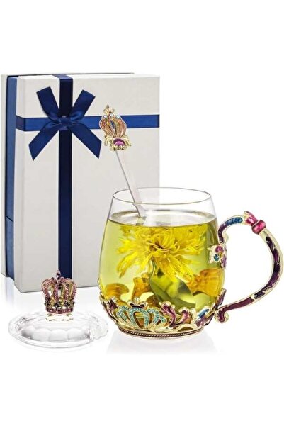 JollyMag Cană de sticlă Crown, lucrată manual, cu capac și lingură, 320 ml