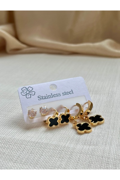 D&Z ACCESSORİES 3'lü Yonca Küpe Seti | Siyah Mineli Yonca & Gold Renk Çelik K...