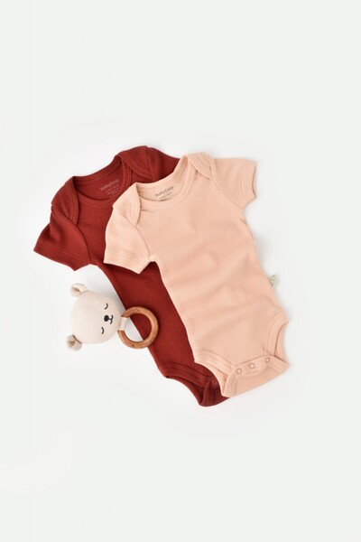 BabyCosy Set 2 body-uri bebe unisex din bumbac si modal - Caramiziu/Somon,