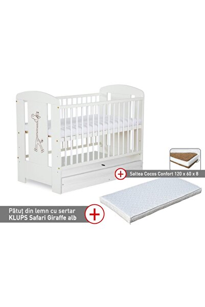 Klups Baby Cot with Drawer Safari Giraffe White + Mattress 8 Comfort II