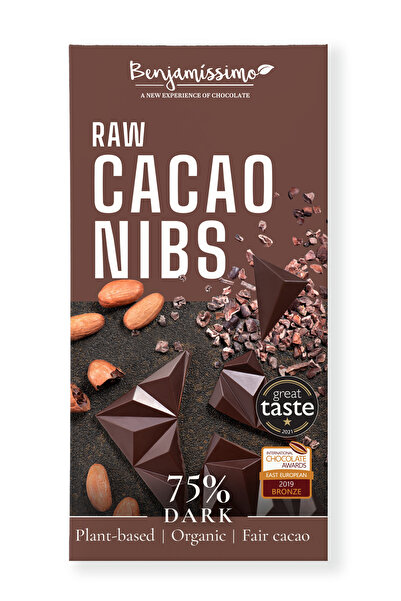 JollyMag Ciocolata neagra 75% cu cacao nibs, bio, 60g, Benjamissimo
