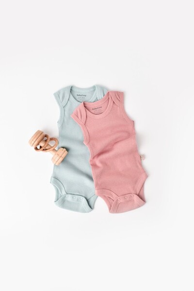 BabyCosy Set 2 body-uri fara maneci bebe unisex din bumbac si modal - Mint/Rose