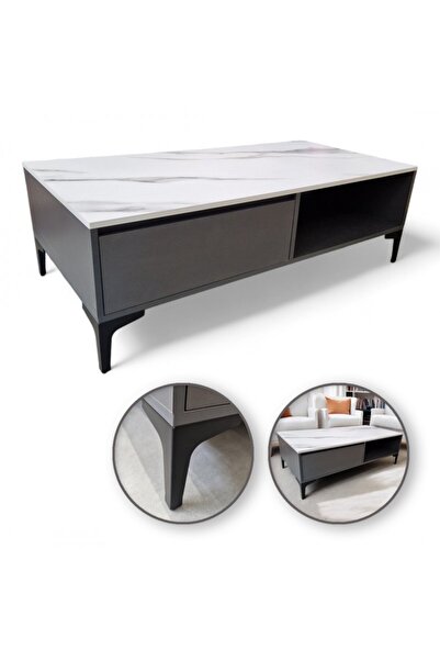 JollyMag Masa de cafea, aspect marmura, 2 nivele, alb grafit, 120x60x40cm, Jo...