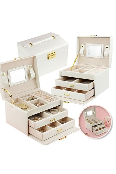 ECARLA Cutie de bijuterii, caseta organizator tip valiza crem, multiple compa...