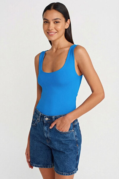 Qaju Women's Blue Round Neck Strap Tank Top Bady Satin Blouse