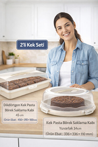 PONÇİK STORE 34cm Kek Pasta Börek Saklama Kabı & 45 Cm Kilitli Dikdörtgen Taş...