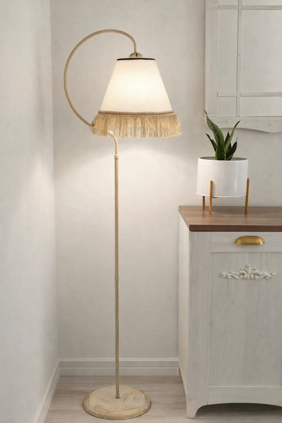 VENON Lambader Çise Metal Gövde Krem Sarı Patine Abajur ⭐️ Krem Kumaş Şapka S...