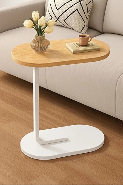 Generic طاولة قهوة عصرية | طاولة جانبية علي شكل حرف سي سطح خشبي بني وهيكل معد...