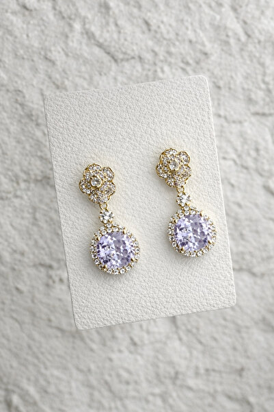 Owentis Çelik Gold Gömme Taşlı Gül Motifli Lila Kristal Taşlı Ginevra Küpe -k...