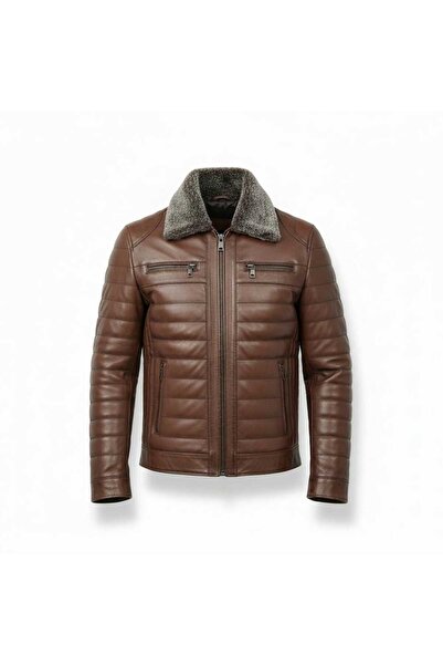 MODA Erkek Kahverengi Yakası Kürklü Fermuarlı İçi Astarlı Hakiki Deri Mont Ceket