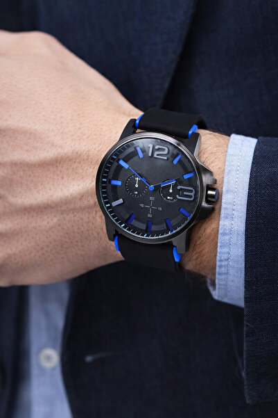 sonsuzsaat Büyük Kasa Siyah Renk Silikon Kordon Mavi Renk Detay Yetişkin Erke...