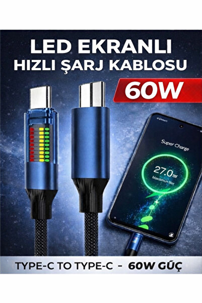 Abbruch Type-C to Type-C 60W Hızlı Şarj Kablosu Dayanıklı Örgülü LED Ekranlı ...